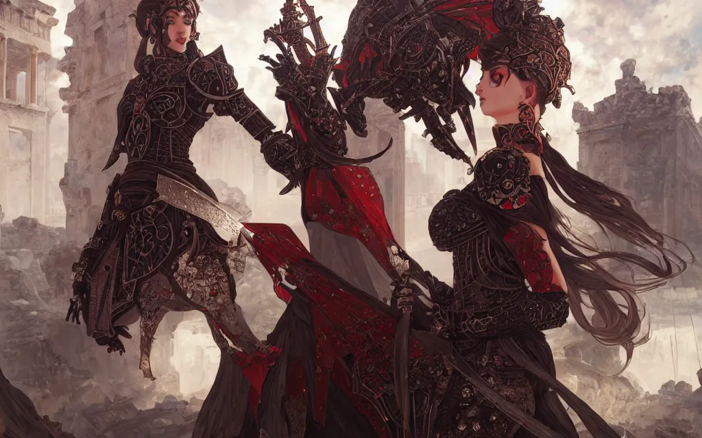 Image similar to knights of zodiac girl + smoky eyes, black and reddish armor, knight cinematic shot, in ruined agora of athens, ssci - fi and fantasy, intricate and very very beautiful and elegant, highly detailed, digital painting, artstation, concept art, smooth and sharp focus, illustration, art by tian zi and wlop and alphonse mucha