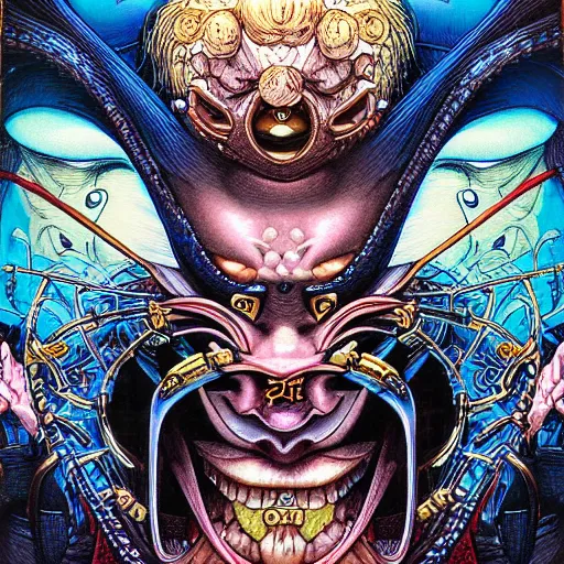 Prompt: portrait closeup of crazy genie, symmetrical, by yoichi hatakenaka, masamune shirow, josan gonzales and dan mumford, ayami kojima, takato yamamoto, barclay shaw, karol bak, yukito kishiro