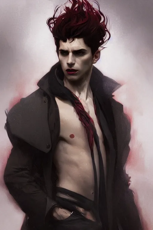 Image similar to portrait of a beautiful young fit male vampire with curly white hairs, dressed with urban clothes, by greg rutkowski and alphonse mucha, d & d character, gradient white to red, modern nocturnal background, highly detailed portrait, digital painting, artstation, concept art, smooth, sharp focus ilustration, artstation hq