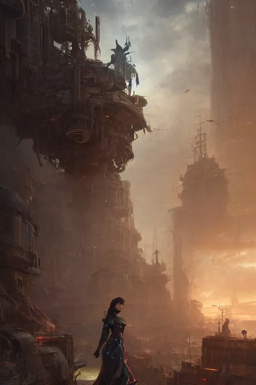 Image similar to a portrait of a small women wearing sci-fi armour standing in the foreground of a steampunk city by Greg Rutkowski, Sung Choi, Mitchell Mohrhauser, Maciej Kuciara, Johnson Ting, Maxim Verehin, Peter Konig, final fantasy , mythical, 8k photorealistic, cinematic lighting, HD, high details, atmospheric,
