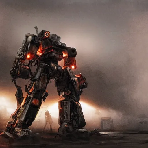 Image similar to mecha made from car parts, dark messy smoke - filled cluttered workshop, dark, dramatic lighting, orange tint, cinematic, highly detailed, sci - fi, futuristic, movie still from blade runner