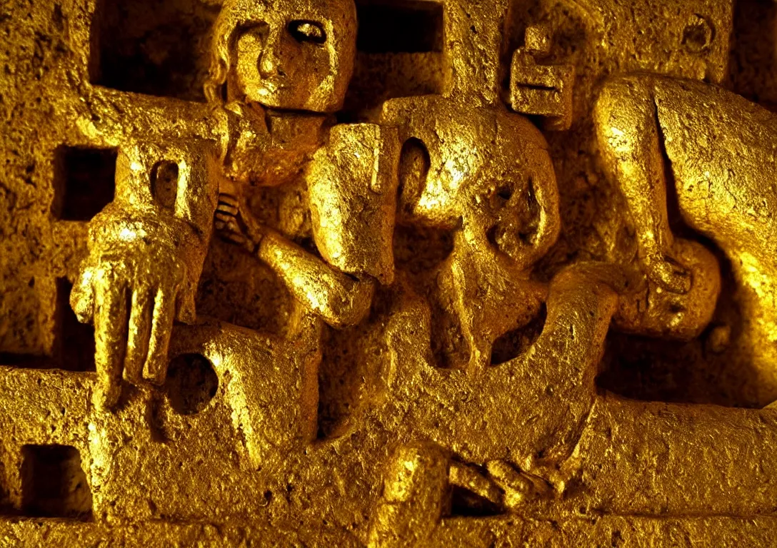 Prompt: Archaeologists discover ancient golden robot inside Mayan burial chamber. Photorealistic. Intricate details.