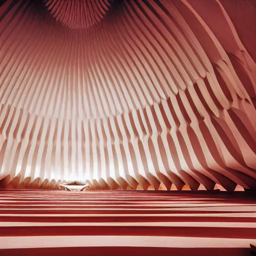 Prompt: interior of a futuristic lotus temple with gold, red and white marble panels, in the desert, by buckminster fuller and syd mead, intricate contemporary architecture, photo journalism, photography, cinematic, national geographic photoshoot