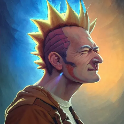 Image similar to best mohawk projector portrait by gaston bussierre and charles vess and james jean and erik jones and rhads, inspired by rick and morty, epic, funny, huge scale, beautiful fine face features, intricate high details, sharp, ultradetailed