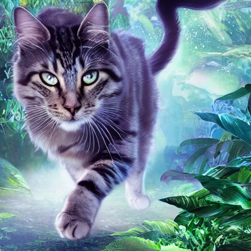 Image similar to fantasy book cover artwork of a cat running through the jungle, ultradetailed, wallpaper, 4k, prismatic