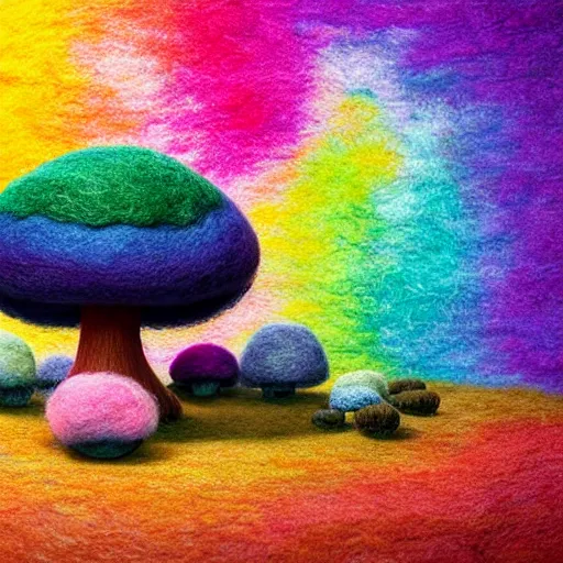 Image similar to a black girl with a colorful afro and big beautiful eyes meditating in a rainbow mushroom zen garden, bokeh, bright colors, synthwave, watercolor, volumetric wool felting, felt, macro photography, children illustration, by goro fujita