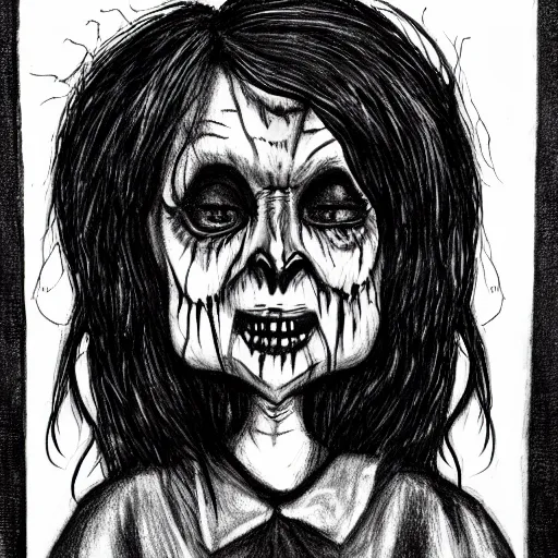 Image similar to a scary horror themed aunt, drawn with charcoal and pen and ink, half-tone-line-stacking