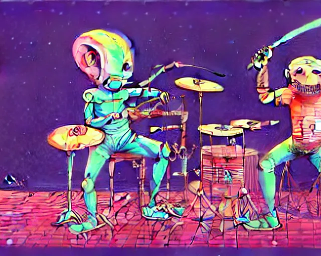 Image similar to a study of cell shaded cartoon of two aliens in a band playing a synthesizer and drums, subtle colors, post grunge, concept art by josan gonzales and wlop, by james jean, Victo ngai, David Rubín, Mike Mignola, Laurie Greasley, highly detailed, sharp focus, Trending on Artstation, HQ, deviantart, art by artgem