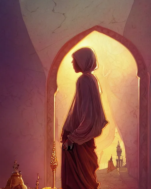 Image similar to a faceless bedouin child infront of a big open quran highly detailed, gold filigree, romantic storybook fantasy, soft cinematic lighting, award, disney concept art watercolor illustration by mandy jurgens and alphonse mucha and alena aenami, pastel color palette, featured on artstation