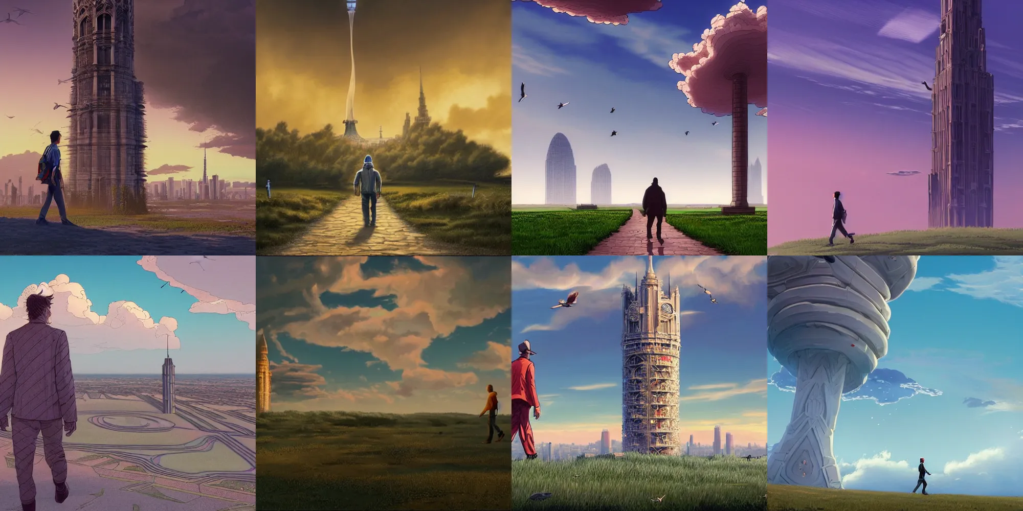 Prompt: a man walks towards a tower, majestic clouds and birds in the background, art by Mœbius and moebius , high detail, cinematic, cgsociety 8k