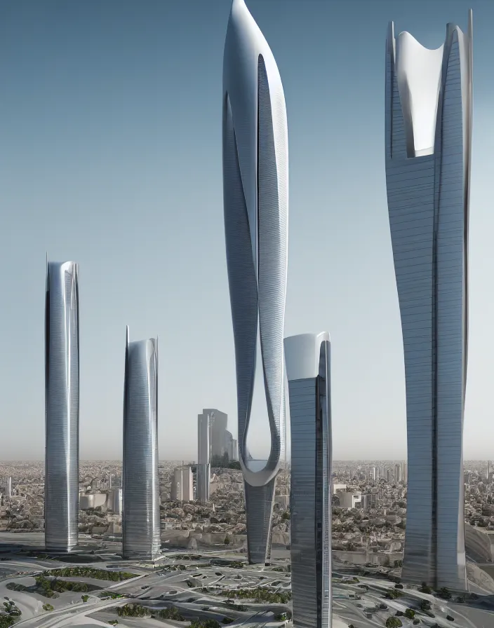 Prompt: al hamra tower, futuristic, evolution tower, santiago calatrava, futuristic tower architecture, 8 k render, beige in the middle of a spacious futuristic city