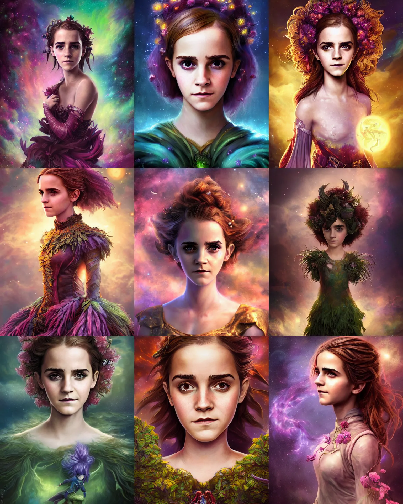 Prompt: an epic fantasy comic book style portrait painting of an extremely cute and adorable very beautiful nebulapunk emma watson as dark willow, character design by mark ryden and pixar and hayao miyazaki, unreal 5, daz, hyperrealistic, octane render, cosplay, rpg portrait, dynamic lighting, intricate detail, harvest fall vibrancy, cinematic