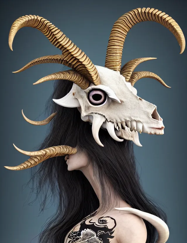 Image similar to 3 d goddess goat skull half - turn portrait with long hair with ram skull. beautiful intricately detailed japanese crow kitsune mask and clasical japanese kimono. betta fish, jellyfish phoenix, bio luminescent, plasma, ice, water, wind, creature, artwork by tooth wu and wlop and beeple and greg rutkowski