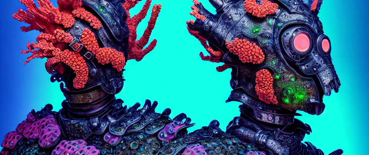 Image similar to hyperrealist highly detailed english medieval portrait of high fashion monster wearing uv light reef armor, radiating atomic neon corals, concept art pascal blanche dramatic studio lighting 8k wide angle shallow depth of field