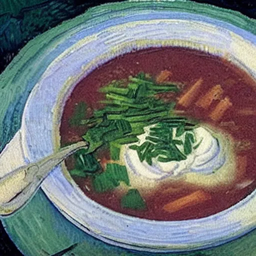 Prompt: a person eating borscht soup with sour cream, painted by van gogh