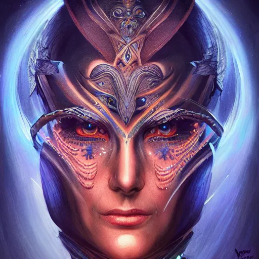 Image similar to an Artstation 3d render of Very very very very highly detailed beautiful mystic portrait of a phantom warrior with galaxy, tattoos by Vincent di Fate, intricate, extremely detailed, digital painting, artstation, concept art, smooth, sharp focus, illustration, intimidating lighting, incredible art,