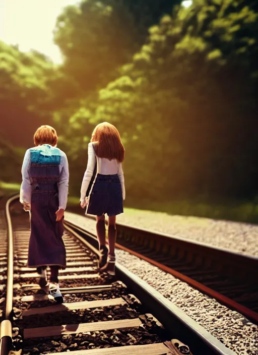 Image similar to young friends walking on train tracks on a sunny day, 1 9 8 0 s, moody cinematic photo, friendship, good feeling, hyper real, octane render, 8 k, photorealism