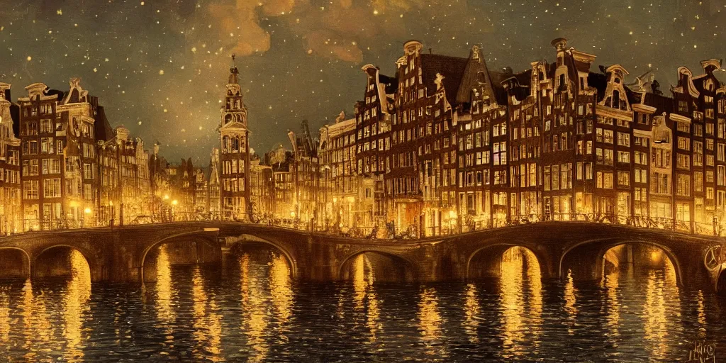 Image similar to a view from the amstel river in amsterdam at night with the sky full of stars, intricate, elegant, highly detailed, digital painting, artstation, concept art, smooth, sharp focus, colored illustration for tattoo, art by krenz cushart and artem demura and alphonse mucha