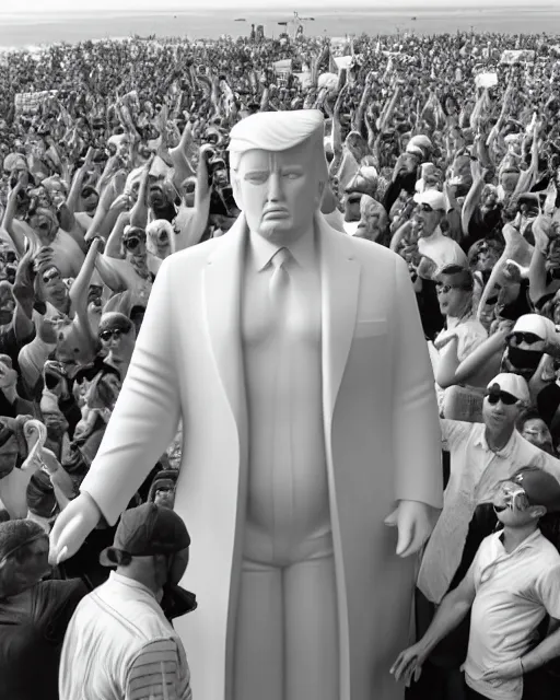 Image similar to a gigantic 1000 foot tall white marble statue of president Donald trump giving his thumbs up sign, dwarfs thousands of onlookers on a beach, as a fleet of Silver Flying saucers watch from above, cinematic