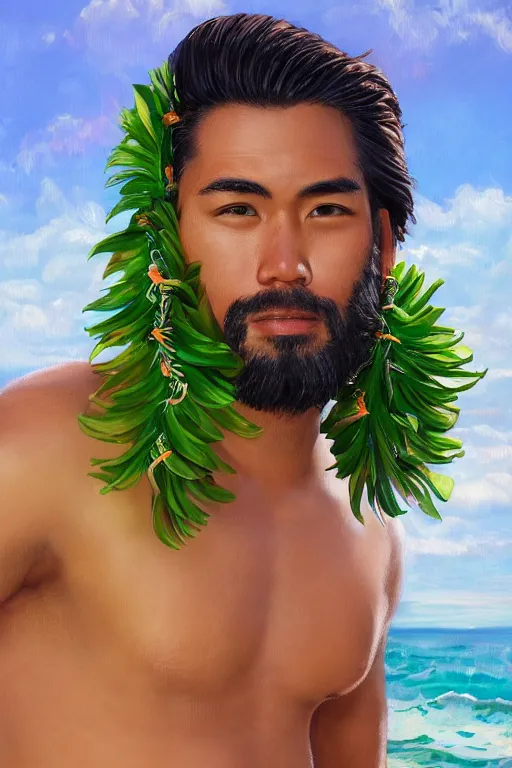 Image similar to handsome hawaiian male wearing a lei, ocean - like backsplash, trending on artstation, self - portrait!!!!!, 4 k photorealism, cgsociety contest winner, 4 k quality, intricately defined, complexly detailed, luminous radiant lighting, chill, hawaiian atmosphere