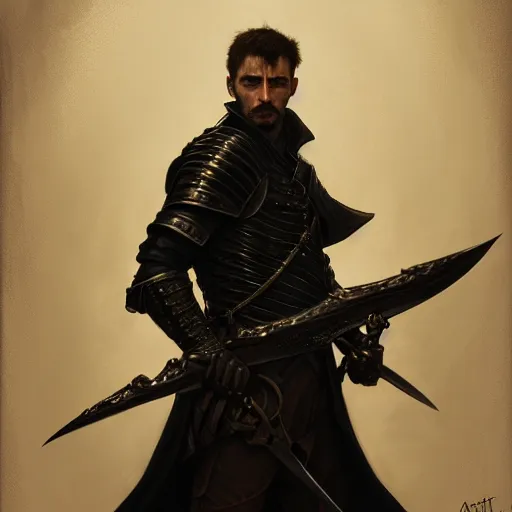 Prompt: portrait of andrei andrei as a thief wearing black leather armor and wielding a dagger in a dark alleyway, fantasy, intricate, elegant, highly detailed, digital painting, artstation, concept art, matte, sharp focus, illustration, art by roberto ferri and greg rutkowski and alphonse mucha