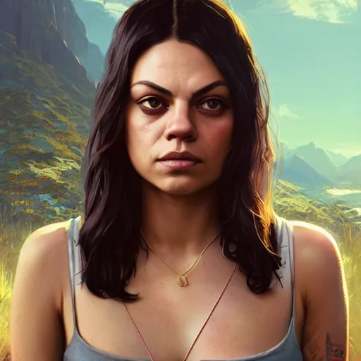 Image similar to highly detailed portrait, mila kunis, in gta v, stephen bliss, unreal engine, fantasy art by greg rutkowski, loish, rhads, ferdinand knab, makoto shinkai and lois van baarle, ilya kuvshinov, rossdraws, tom bagshaw, global illumination, radiant light, detailed and intricate environment