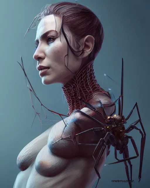 Prompt: spider portrait, au naturel, hyper detailed, digital art, trending in artstation, cinematic lighting, studio quality, smooth render, unreal engine 5 rendered, octane rendered, art style by klimt and nixeu and ian sprigger and wlop and krenz cushart.