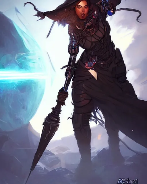 Prompt: A witch wielding a futuristic power staff, digital apex legends illustration portrait, gorgeous lighting, wide angle action dynamic portrait, perspective shot, art by Aleksi Briclot,