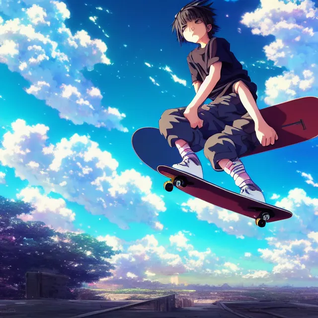 anime key visual of a little boy riding a skateboard