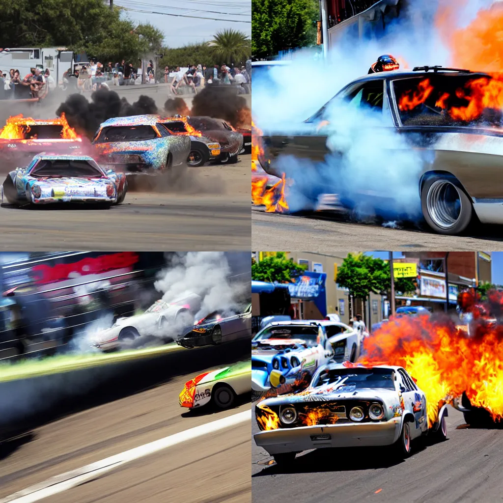 Prompt: burn out Paradise street car racing, action shot