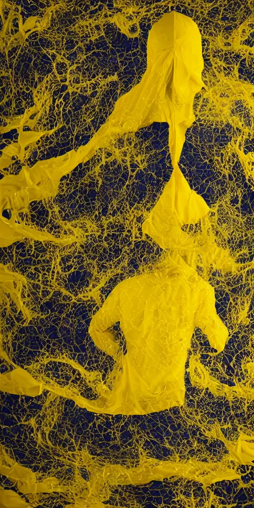 Image similar to faceless man in a yellow suit, hidden behind torn cloth swirling violently