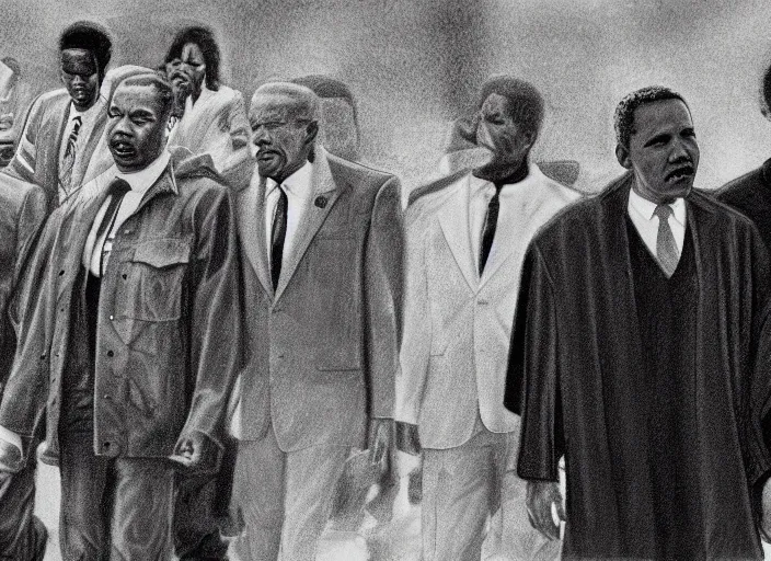 Image similar to basic pencil drawing of martin luther king, michael jackson, presidant obama and nelson mandela together uhd, ultra realistic, 4 k, movie still, detailed, sharp, real life, cinematic