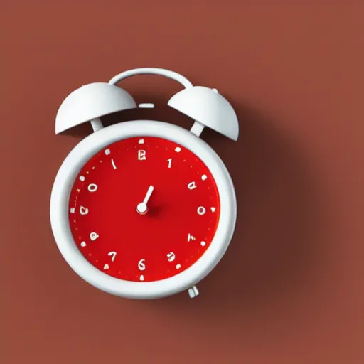 Image similar to Very tiny red alarm clock that looks like the iOS emoji and has the same colors, 3D clay render, 4k UHD, white background, isometric top down left view, diffuse lighting, zoomed out very far