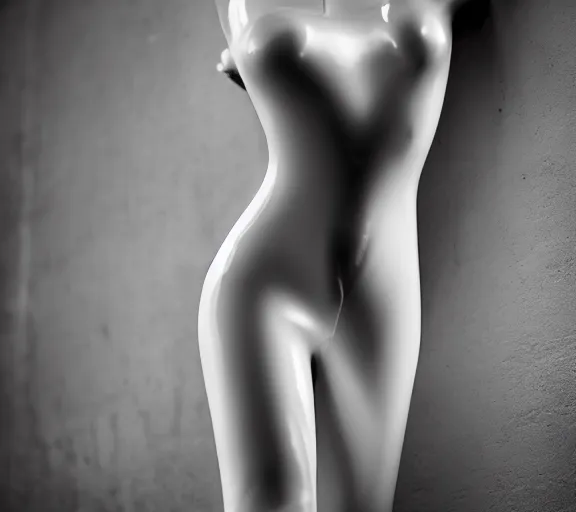 Image similar to well lit fashion shoot portrait of extremely beautiful female marble statue wearing latex outfit by dingyun zhang, yeezy, balenciaga, vetements, a cold wall, sharp focus, clear, detailed,, cinematic, detailed, off white, glamourous, symmetrical, vogue, editorial, fashion, magazine shoot, glossy