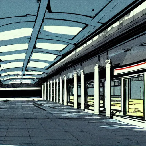 Image similar to Concept art for an abandoned mall from the 1980s