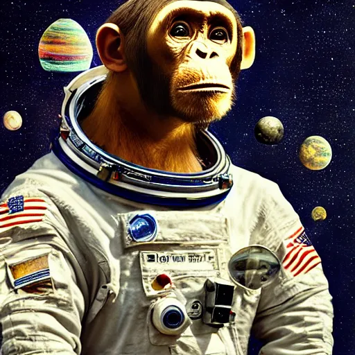 Image similar to double exposure portrait of astronaut and a chimpanzee astronaut with space and time in the the background by davinci, circles, psychedelic, pencil art, high definition, dynamic lighting stars, sharpness, golden ratio