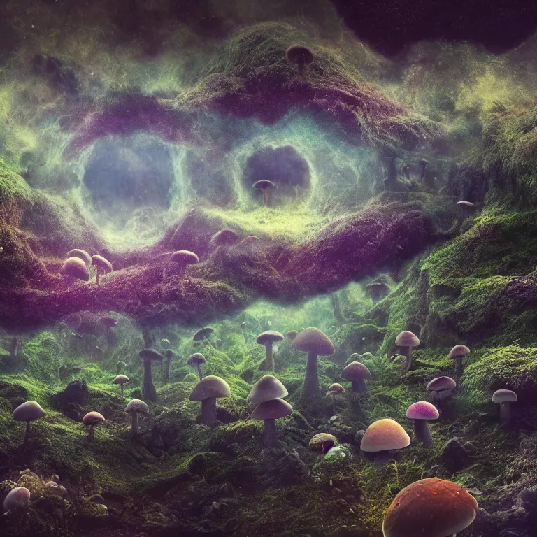 Image similar to a planet of various fungus, mushrooms and plants, inside the picture is infinity, Atmospheric phenomenon, artistic photography, muted colors, conceptual, long exposure outside the city, volumetric light