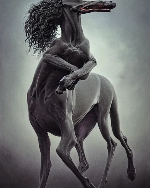 Image similar to painting of hybrid between black weimaraner & horse! & intercrossed animal, by zdzislaw beksinski, by mattias adolfsson, by tiffany bozic, cold hue's, warm tone gradient background, concept art, single object scene, beautiful composition, digital painting