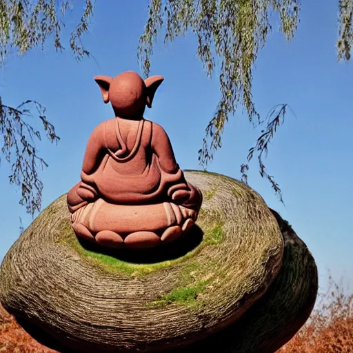 Image similar to a cute pig, meditating like buddha wearing mala beads, on top of a giant mushroom, large willow tree in the background.