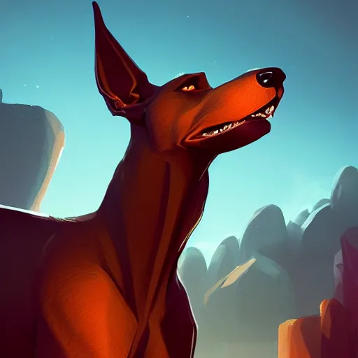 Image similar to an antropomorphic doberman creature, black hair, human body, angry look, ready for battle, masterpiece, mattepainting concept blizzard pixar maya engine on cold night stylized background splash comics global illumination lighting artstation lois van baarle, ilya kuvshinov, rossdraws