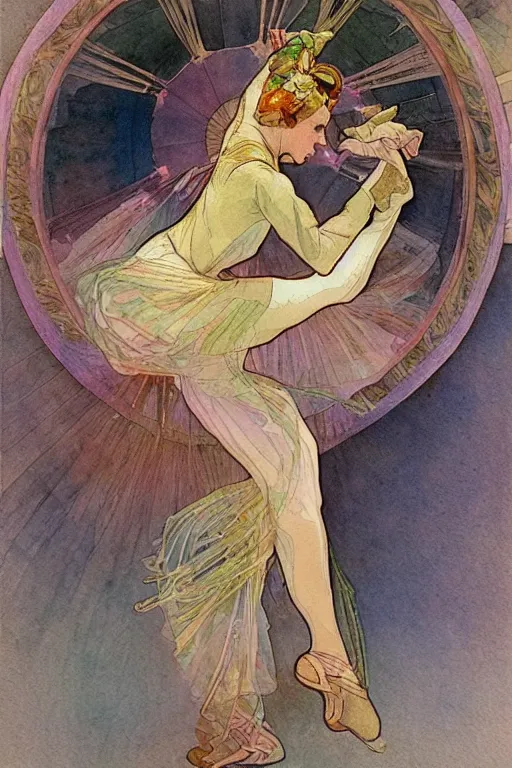 Prompt: a hiper intricate watercolor of a beatiful dancing balerina, reflexions, smooth, digital illustration, colorfull, by william turner art, by greg rutowski, by alphonse mucha