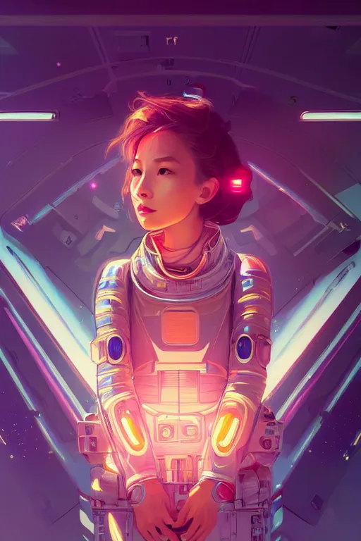 Image similar to portrait armored astronaut girl, control spaceship at command room, ssci-fi, neon light, galaxy light effect and fantasy, intricate and very very beautiful and elegant, highly detailed, digital painting, artstation, concept art, smooth and sharp focus, illustration, art by tian zi and WLOP and alphonse mucha