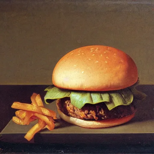 Image similar to hamburger and french fried in still life. dutch masters, 1 8 th century, oil on canvas