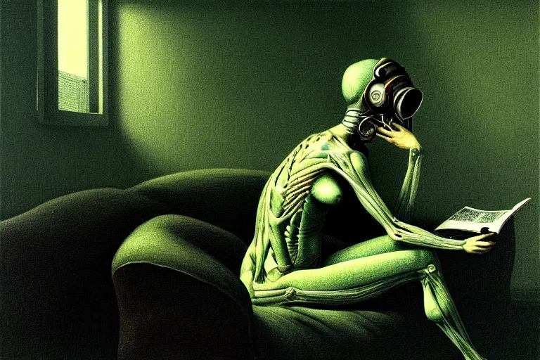 Image similar to anatomically correct girl with wearing a gas mask lying on the sofa reading a book in her room, in the style of beksinski, solarpunk, exact anatomy, atmospheric, clean, intricate and epic composition, green by caravaggio, insanely quality, highly detailed, masterpiece, blue light, artstation, 4 k