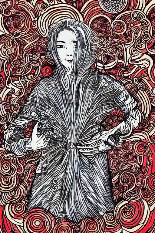 Prompt: a drawing of a person holding a red object, a manga drawing by Yuko Shimizu, behance contest winner, psychedelic art, psychedelic, cosmic horror, fractalism