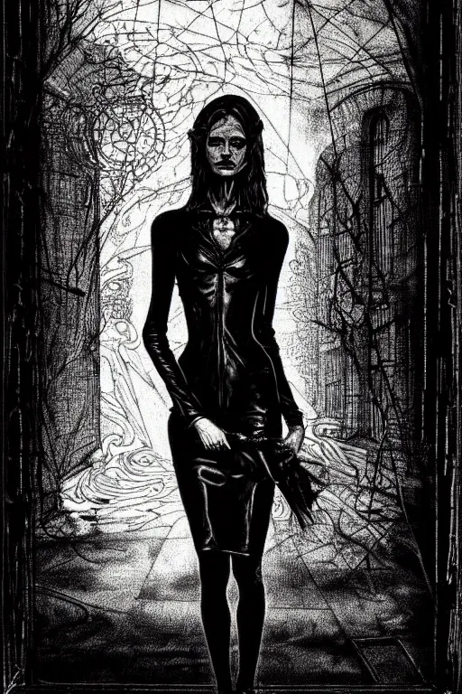 Image similar to dreamy gothic girl, black leather slim clothes, impressive and unprincipled, wonderful slim body, detailed acrylic, grunge, intricate complexity, by dan mumford and by alberto giacometti, peter lindbergh