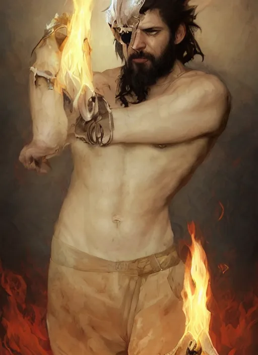 Image similar to character concept portrait of an attractive young angry Spanish wizard with pale white skin and wearing parital skull mask while enchanting a flaming seduction spell, a floating burning spell book in the center, intricate, elegant, digital painting, concept art, smooth, sharp focus, illustration, from Metal Gear, by Ruan Jia and Mandy Jurgens and William-Adolphe Bouguereau, Artgerm