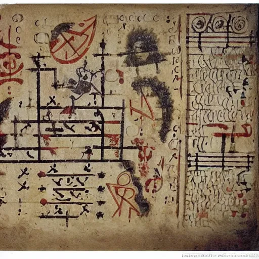 Image similar to page of ancient manuscript diagrams detailed intricate symbols runes crisp features