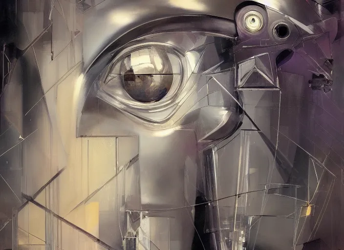 Image similar to a portrait of cyber - dog of sci fi metallic human by yoji shinkawa bright eyes, melancholic complex geometric figure liminal machinery by oskar schlemmer, moebius, john berkey, film grain, oil on canvas, portrait facial head, featured on artstation, hd wallpaper, 8 k