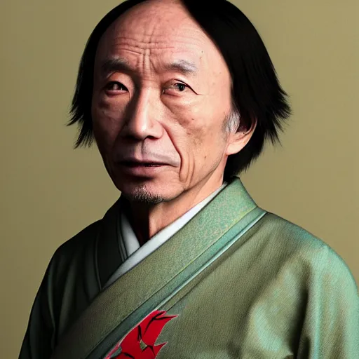 Image similar to Japanese Michel Houellebecq wearing kimono, realistic, photo studio, HDR, 8k, trending on artstation